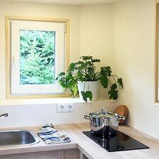 Küchenzeile mit Spüle und Herd im Tiny House