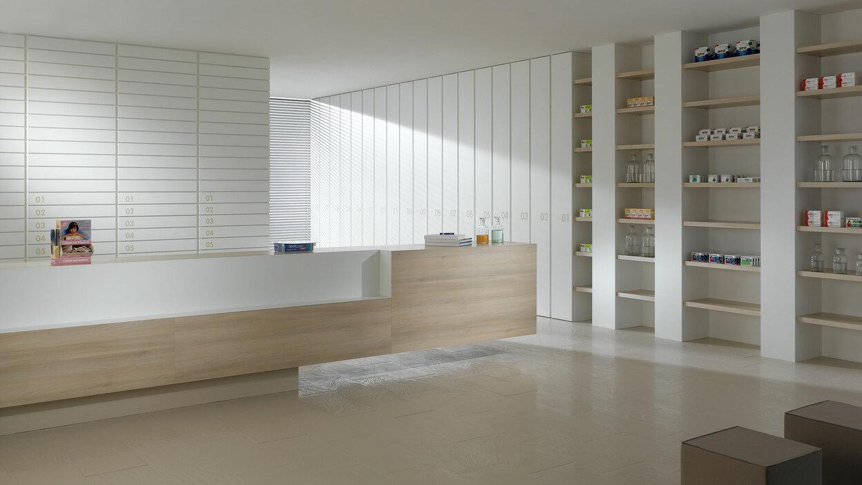 Impressionen einer Apothekeneinrichtung Impressionen einer Apothekeneinrichtung mit hellen Holzmöbeln und geräumigem Regalsystem, sowie aufgeräumten Empfang.